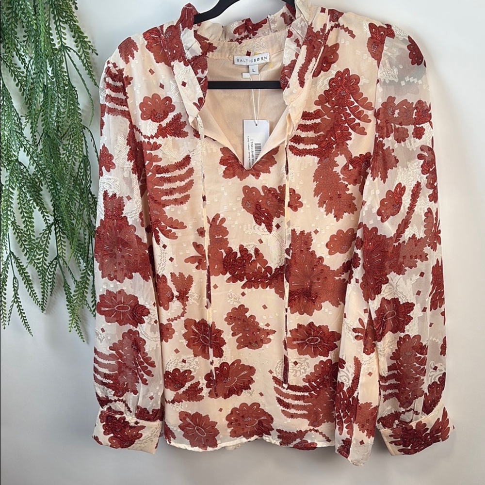 Baltic Born Cream and Brown Relaxed Tie Front Blouse